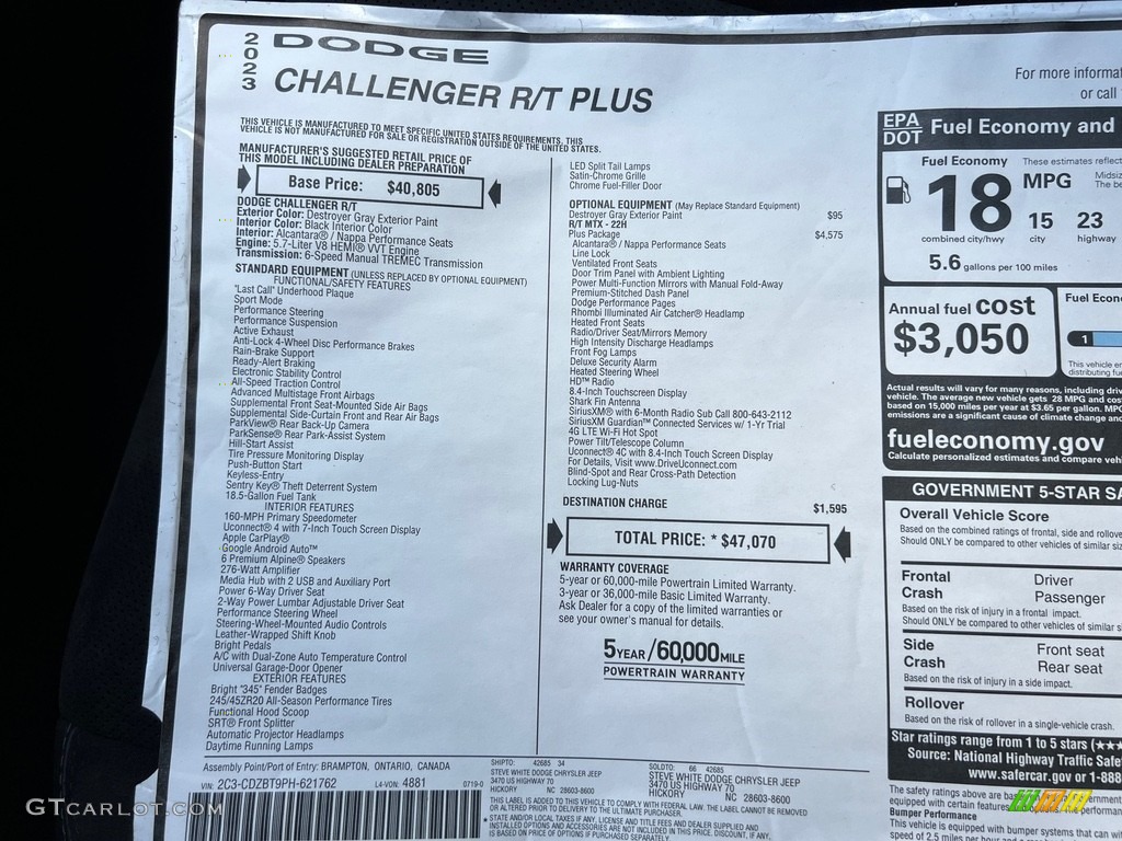 2023 Challenger R/T Plus - Destroyer Grey / Black photo #26