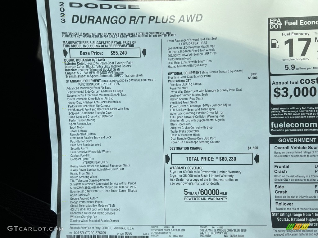 2023 Dodge Durango R/T AWD Window Sticker Photos