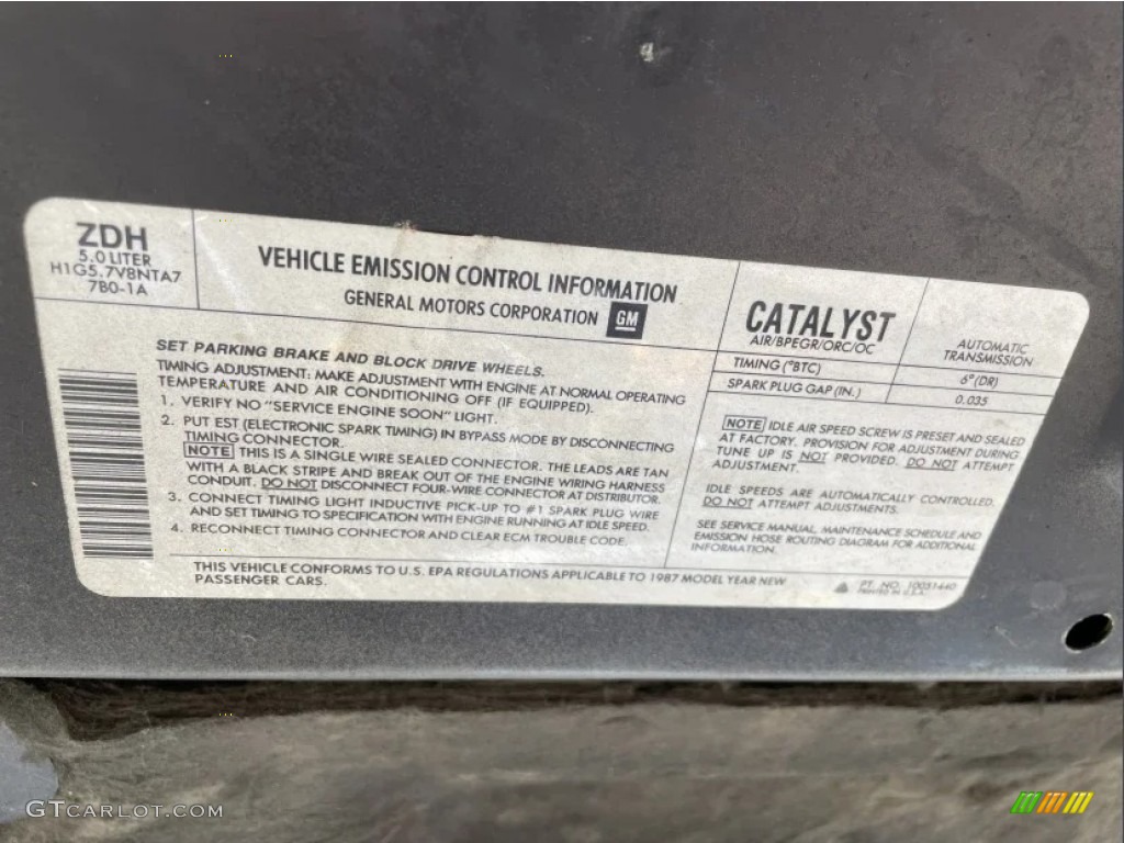 1987 Chevrolet Camaro IROC-Z Sport Coupe Info Tag Photo #146474950
