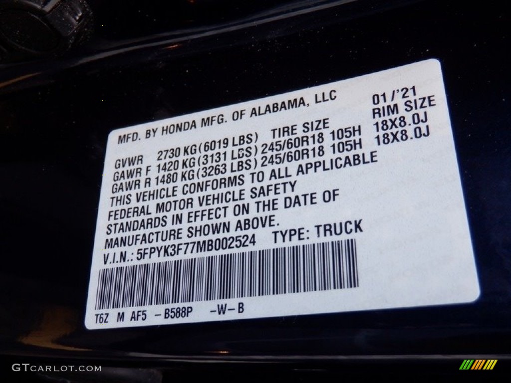 2021 Ridgeline RTL-E AWD - Obsidian Blue Pearl / Black photo #44