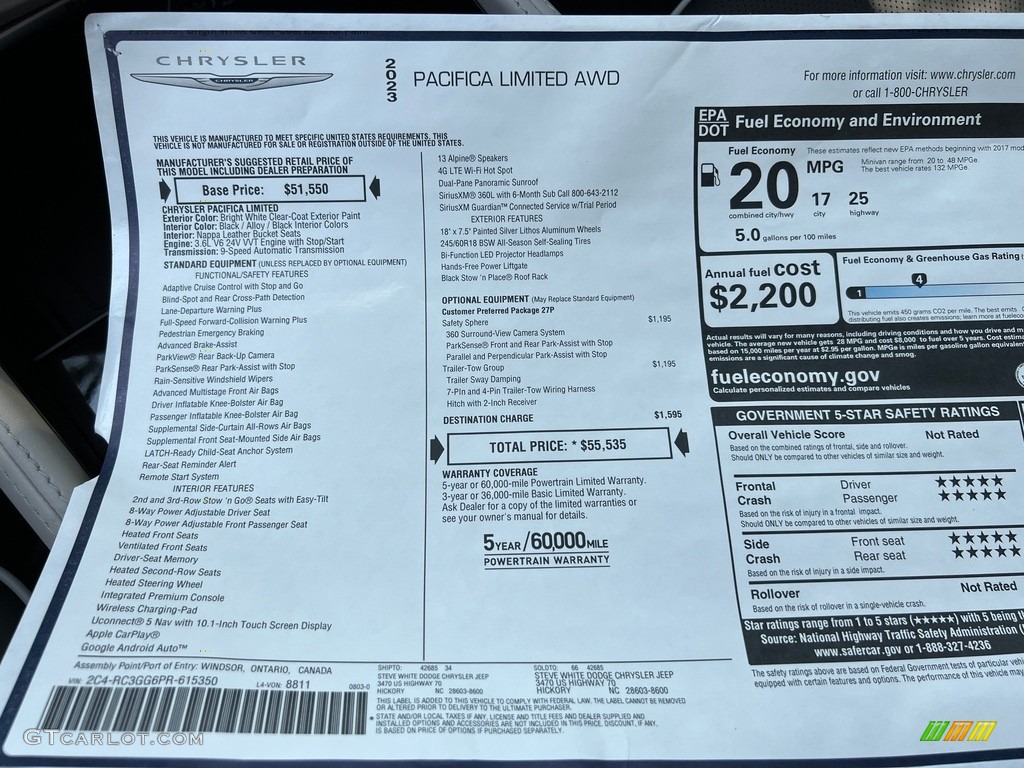 2023 Pacifica Limited AWD - Bright White / Black/Alloy photo #35