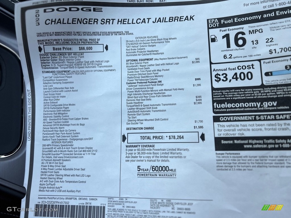2023 Dodge Challenger SRT Hellcat JailBreak Window Sticker Photo #146488006