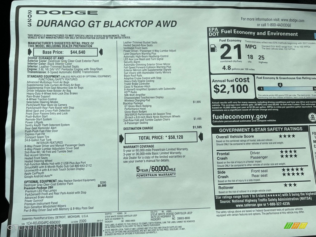 2023 Dodge Durango GT Blacktop AWD Window Sticker Photo #146489878