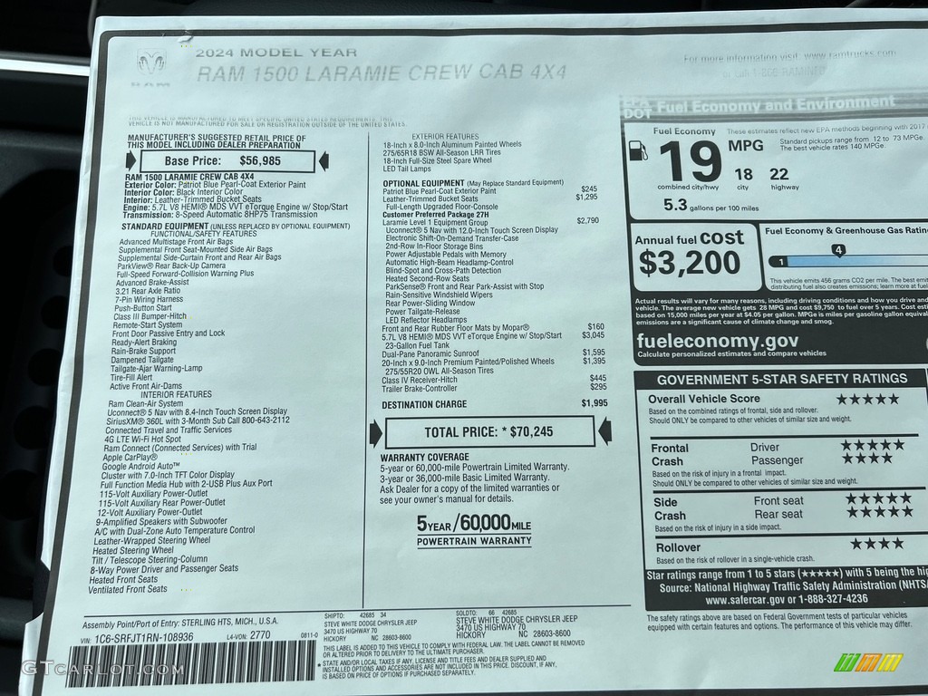 2024 Ram 1500 Laramie Crew Cab 4x4 Window Sticker Photo #146492182