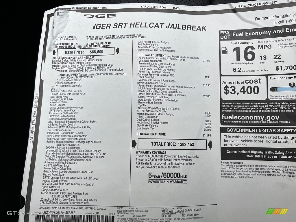 2023 Dodge Challenger SRT Hellcat JailBreak Window Sticker Photo #146492301