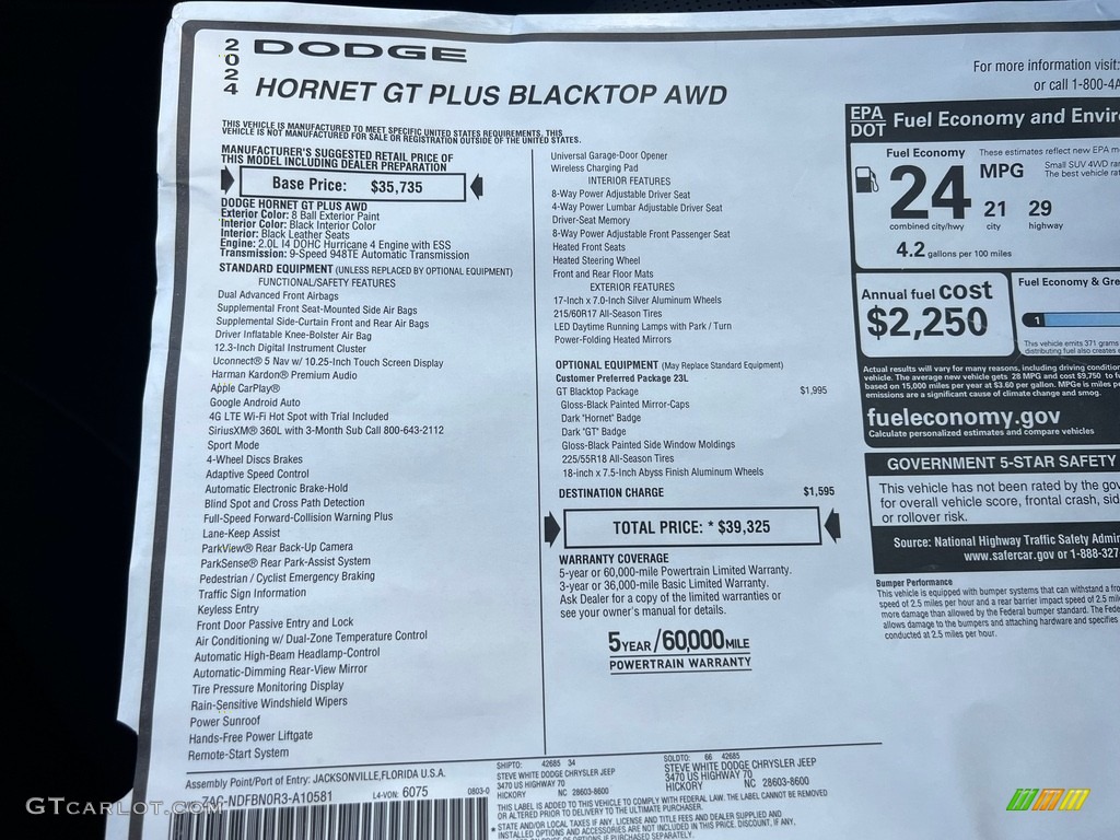 2024 Dodge Hornet GT Plus Blacktop AWD Window Sticker Photo #146495327