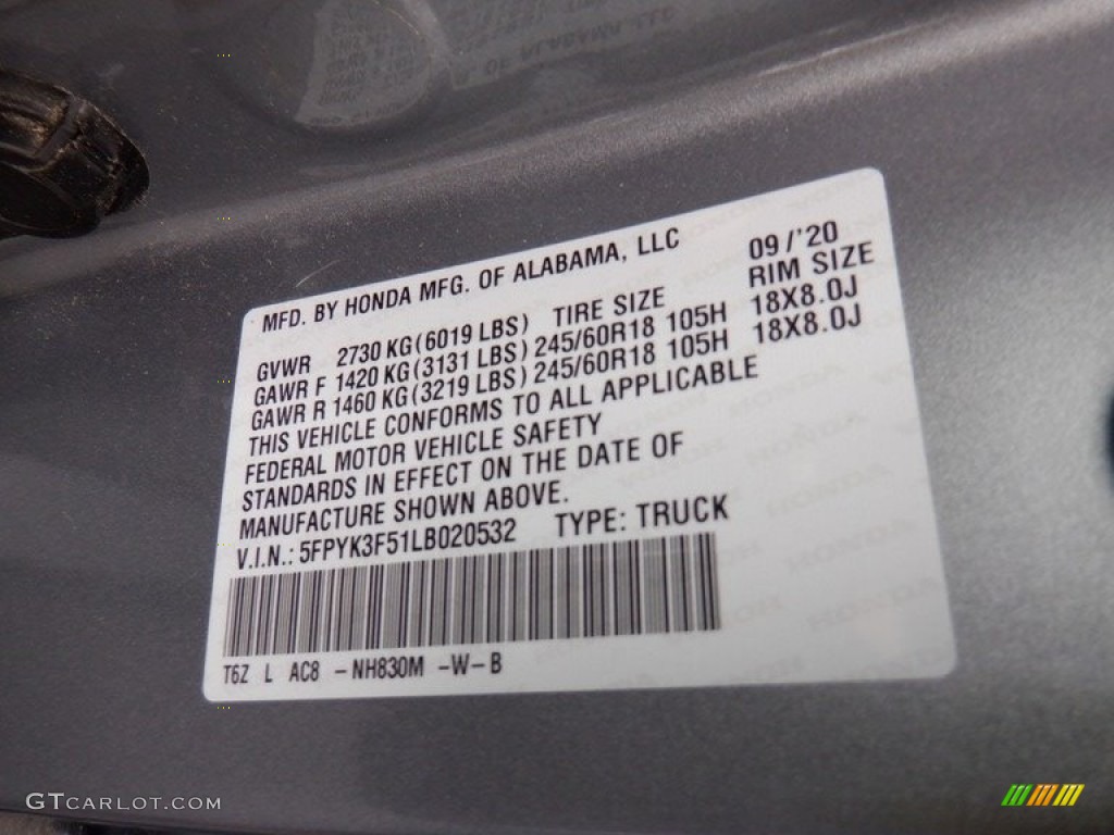 2020 Ridgeline Color Code NH830M for Lunar Silver Metallic Photo #146498443