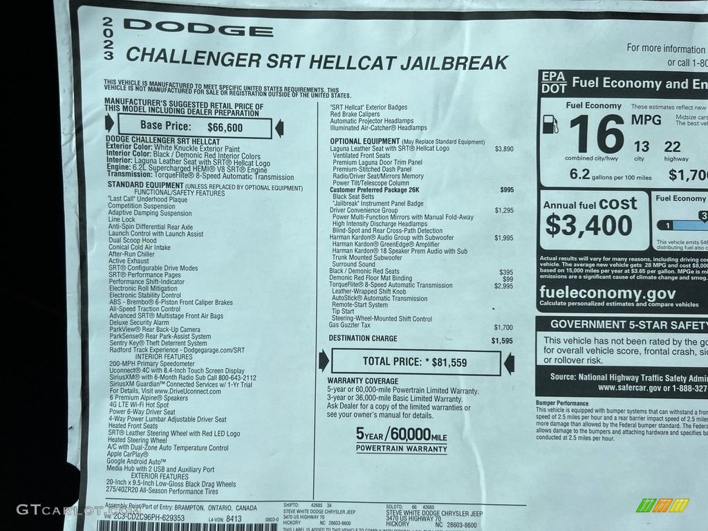 2023 Challenger SRT Hellcat - White Knuckle / Demonic Red/Black photo #30