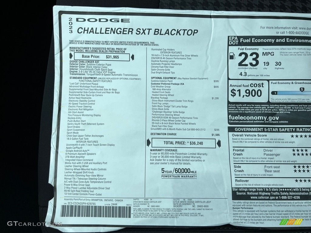 2023 Dodge Challenger SXT Blacktop Window Sticker Photo #146500444