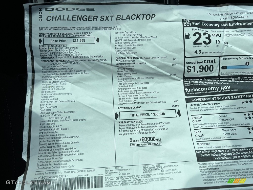 2023 Challenger SXT Blacktop - B5 Blue Pearl / Black photo #26