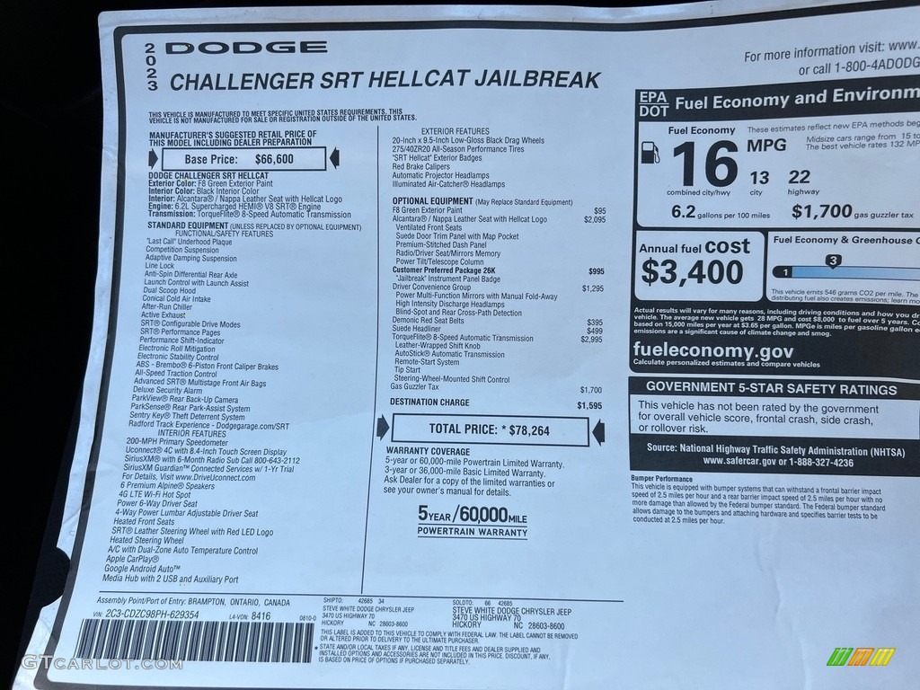 2023 Dodge Challenger SRT Hellcat JailBreak Window Sticker Photo #146514921