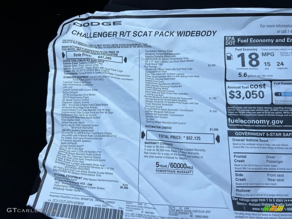 2023 Dodge Challenger R/T Scat Pack Widebody Window Sticker Photo #146519825