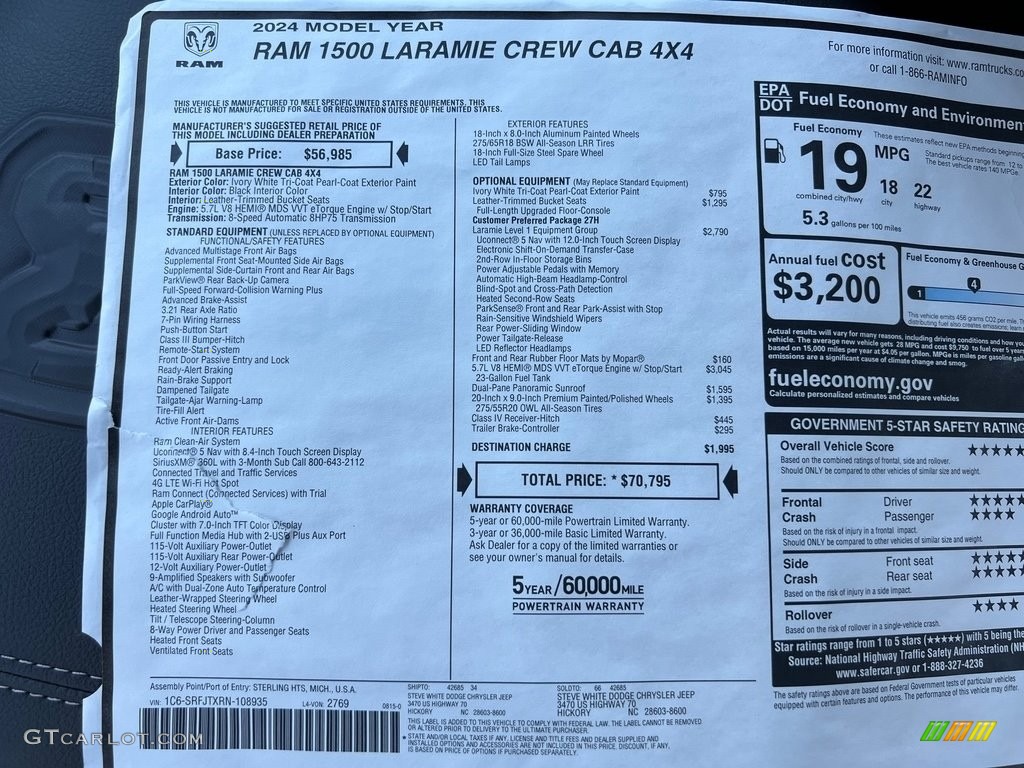 2024 1500 Laramie Crew Cab 4x4 - Ivory White Tri-Coat Pearl / Black photo #33