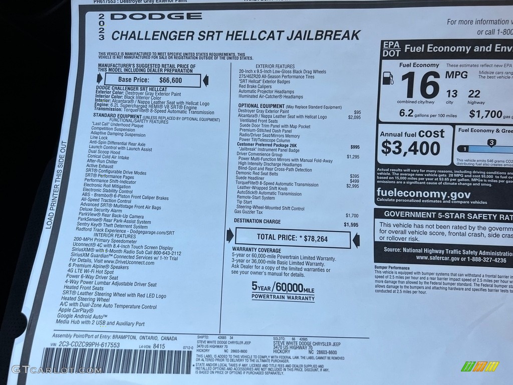 2023 Dodge Challenger SRT Hellcat JailBreak Window Sticker Photo #146520728
