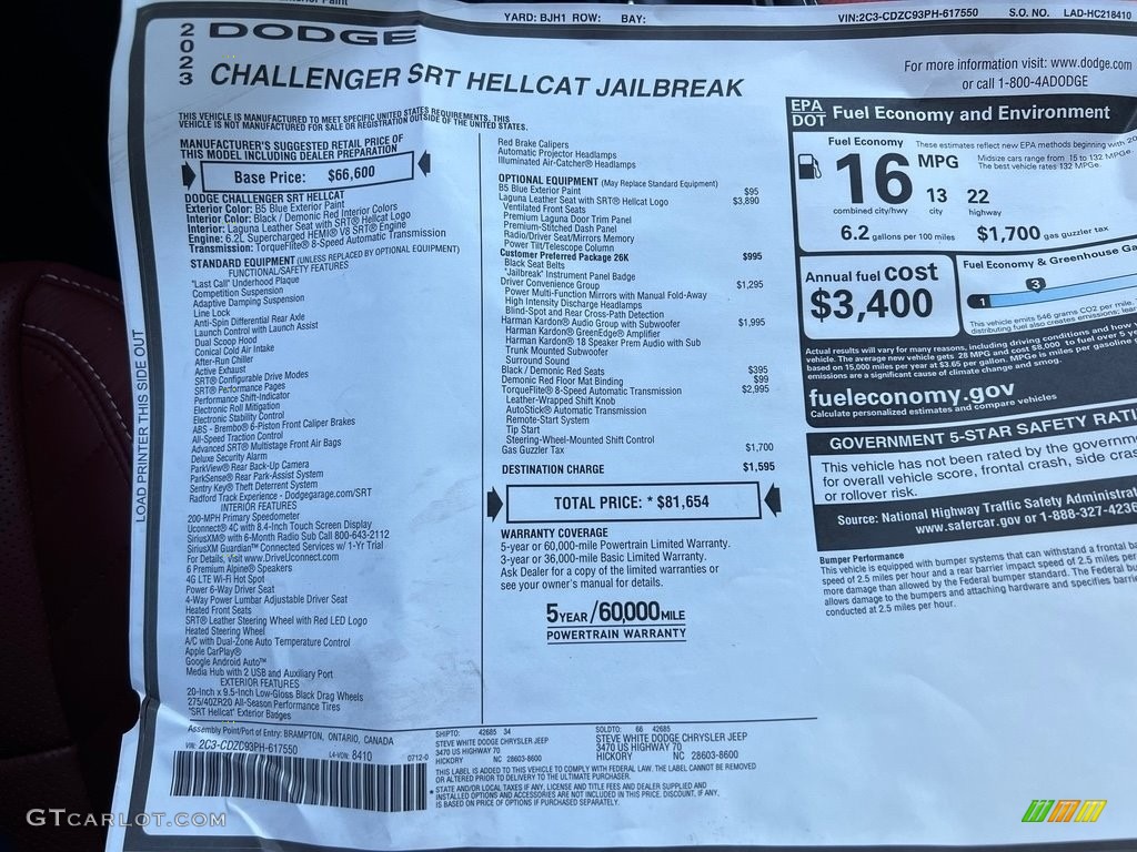 2023 Dodge Challenger SRT Hellcat JailBreak Window Sticker Photo #146521018
