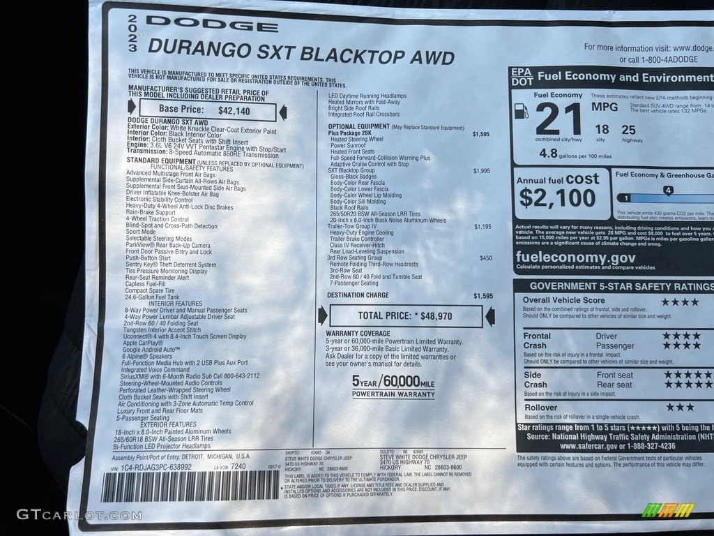 2023 Durango SXT Blacktop AWD - White Knuckle / Black photo #31