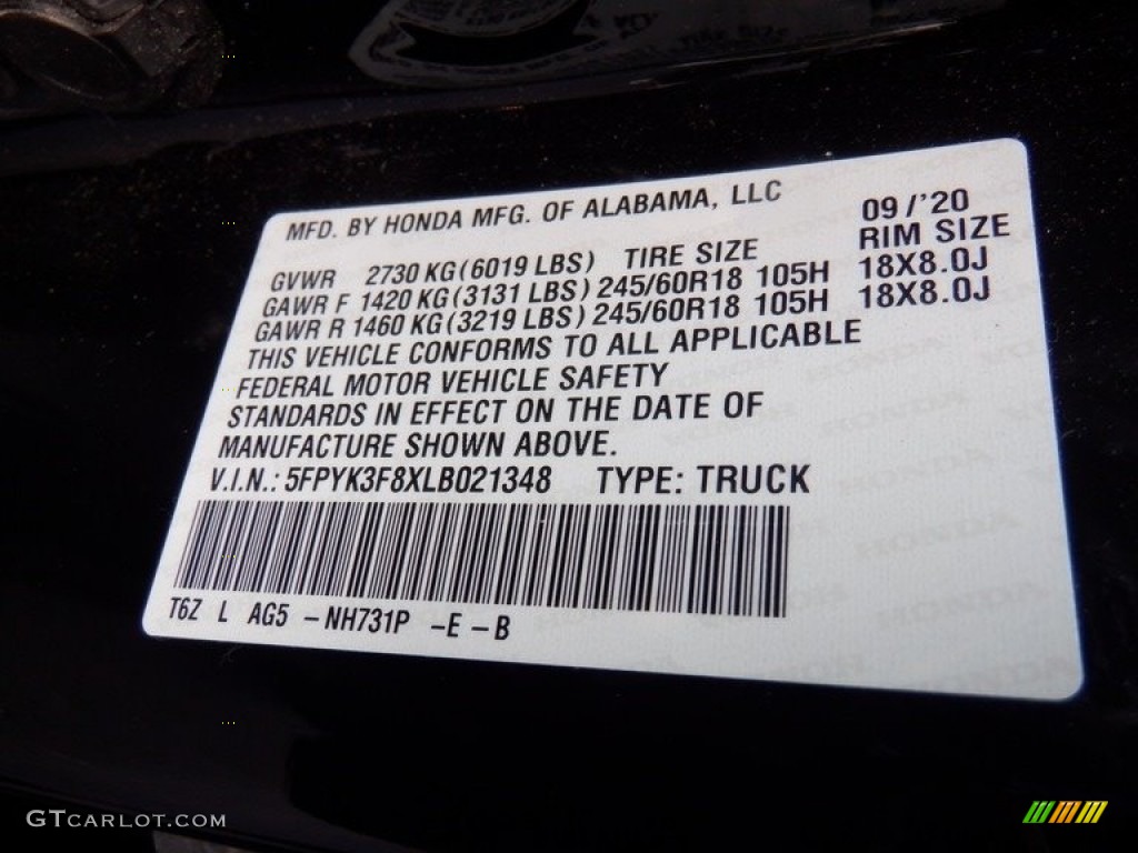 2020 Honda Ridgeline Black Edition AWD Color Code Photos