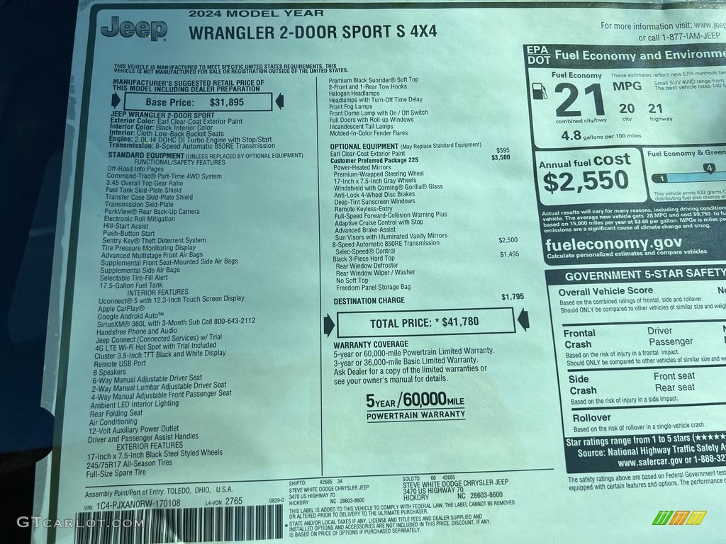 2024 Wrangler Sport S 4x4 - Earl / Black photo #25