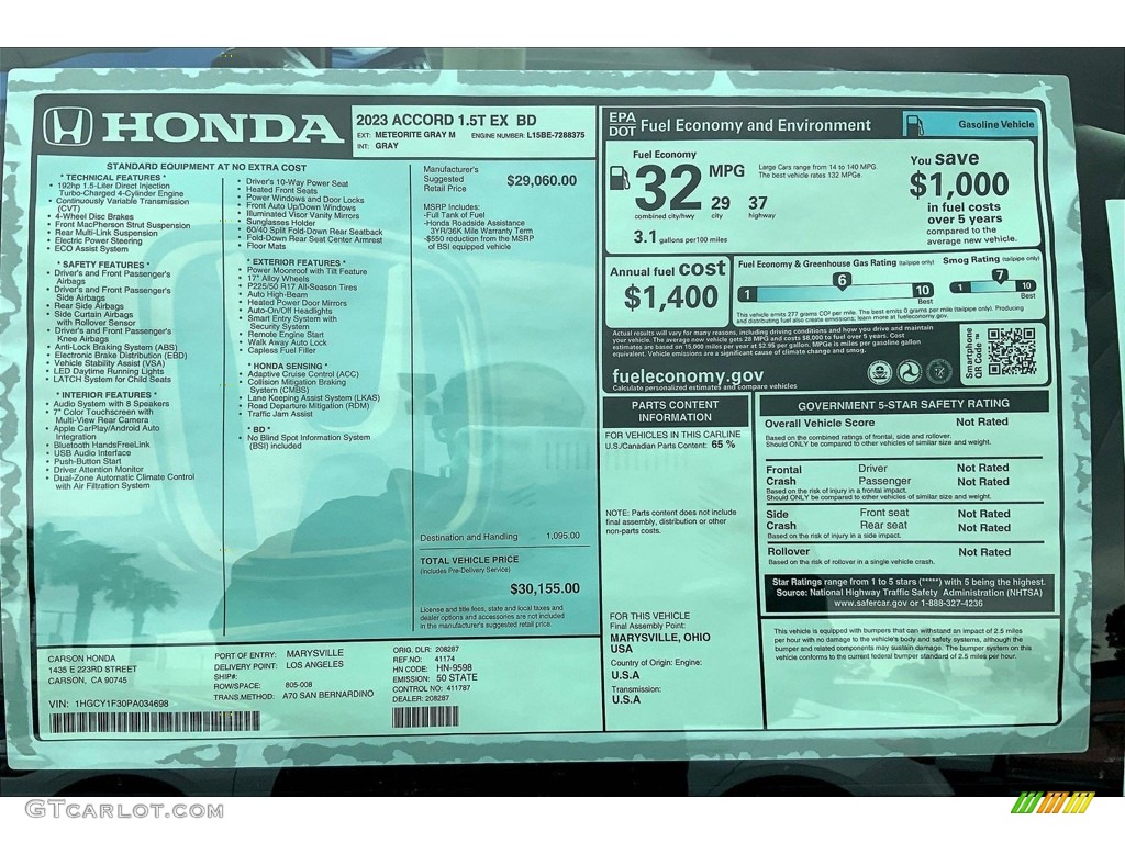 2023 Honda Accord EX Window Sticker Photo #146529123
