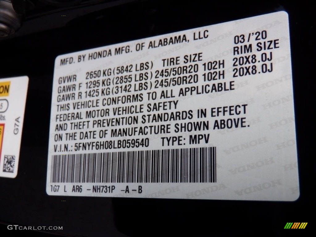 2020 Honda Pilot Elite AWD Color Code Photos