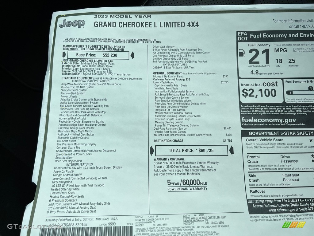 2023 Jeep Grand Cherokee L Limited 4x4 Window Sticker Photos