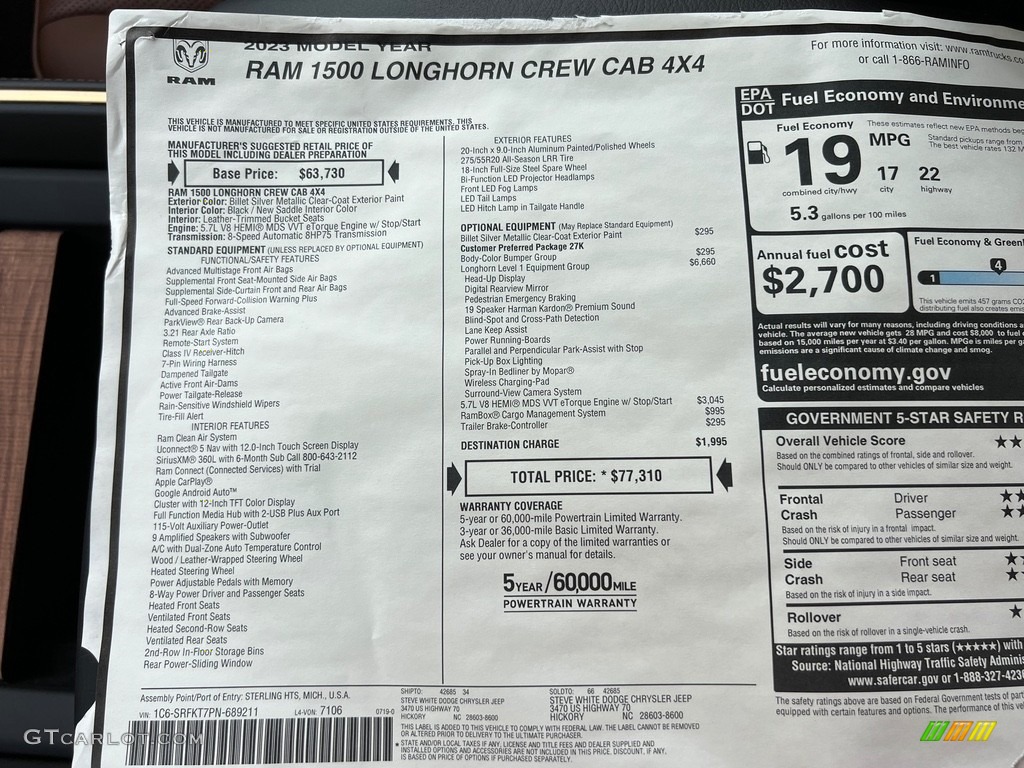 2023 Ram 1500 Long Horn Crew Cab 4x4 Window Sticker Photo #146559179
