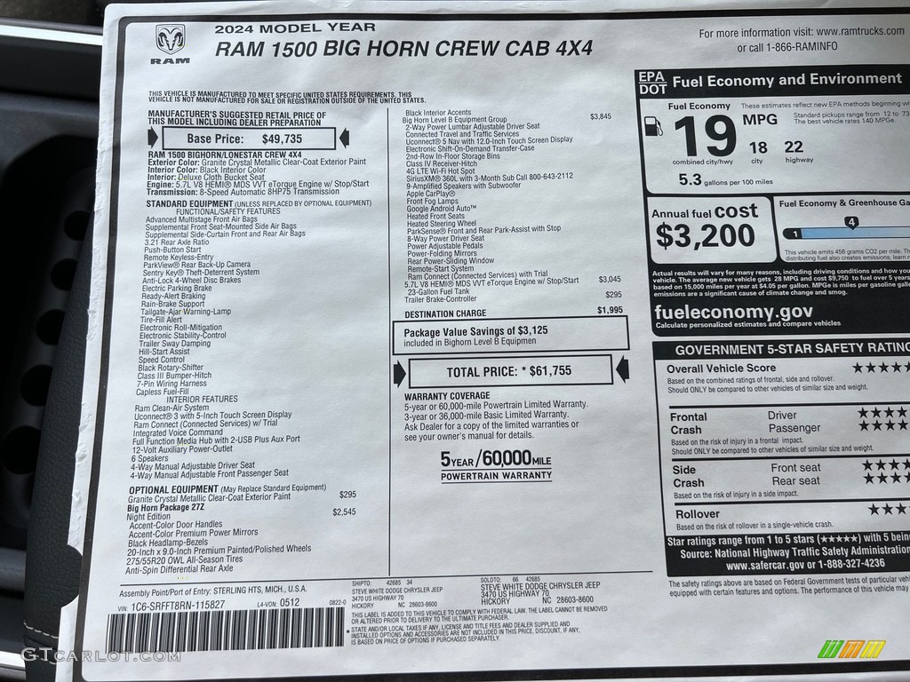 2024 Ram 1500 Big Horn Night Edition Crew Cab 4x4 Window Sticker Photos