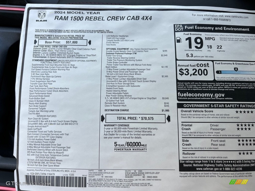 2024 Ram 1500 Rebel Crew Cab 4x4 Window Sticker Photo #146560370