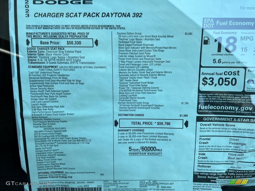 2023 Dodge Charger Scat Pack Daytona 392 Window Sticker Photo #146562621