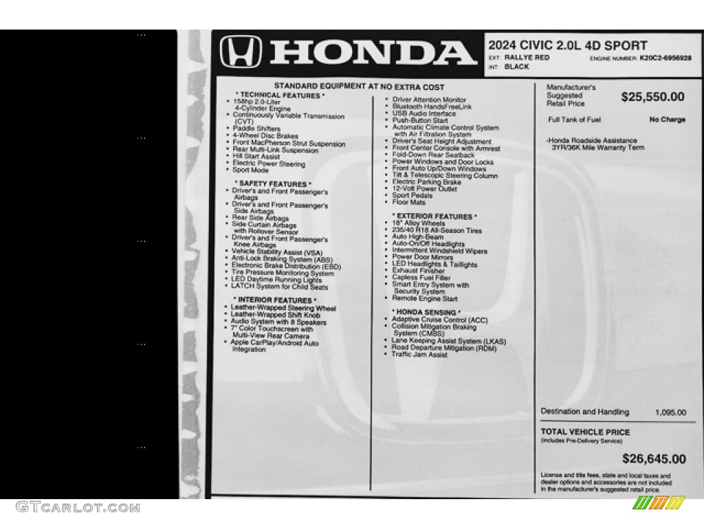 2024 Honda Civic Sport Sedan Window Sticker Photo #146562678
