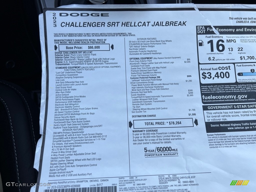 2023 Challenger SRT Hellcat JailBreak - Plum Crazy Pearl / Black photo #30