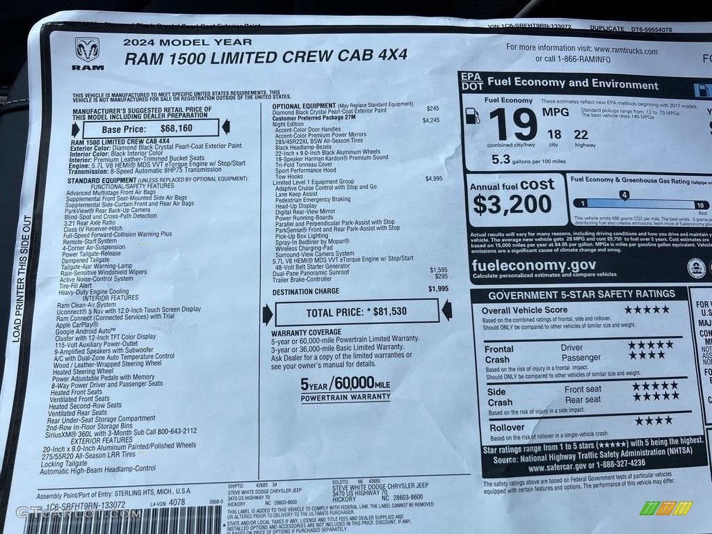 2024 Ram 1500 Limited Night Edition Crew Cab 4x4 Window Sticker Photo #146573252