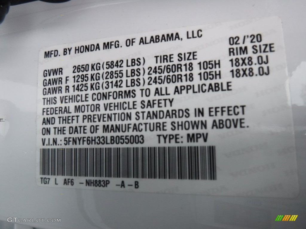 2020 Honda Pilot EX AWD Color Code Photos
