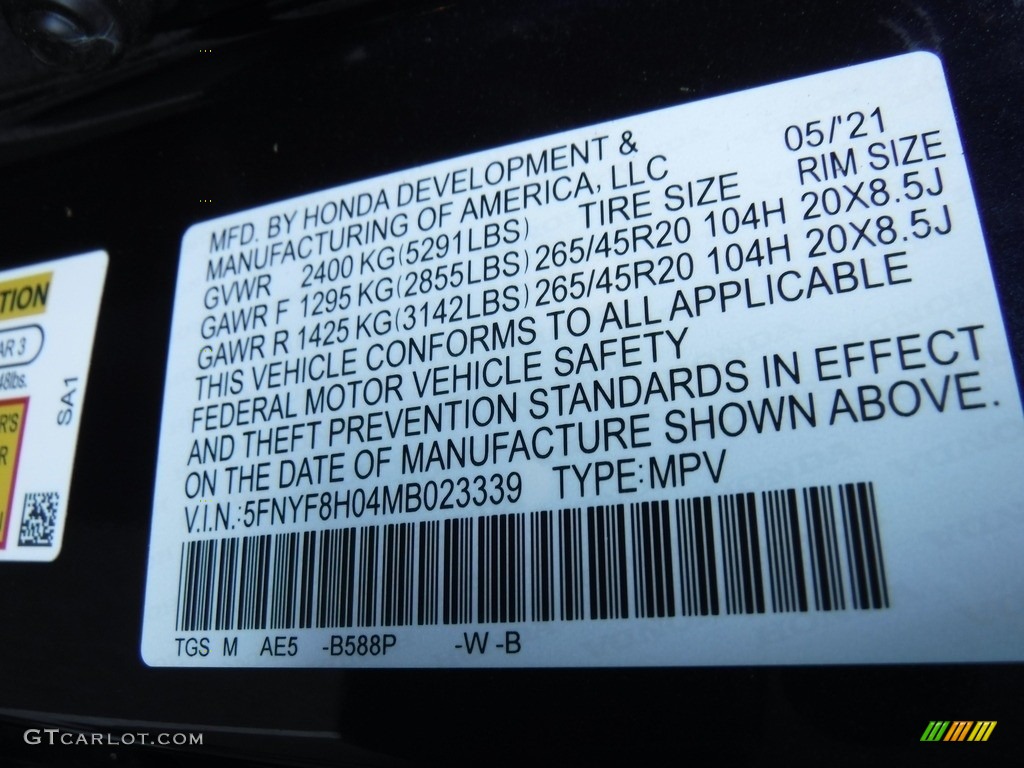 2021 Honda Passport Elite AWD Color Code Photos