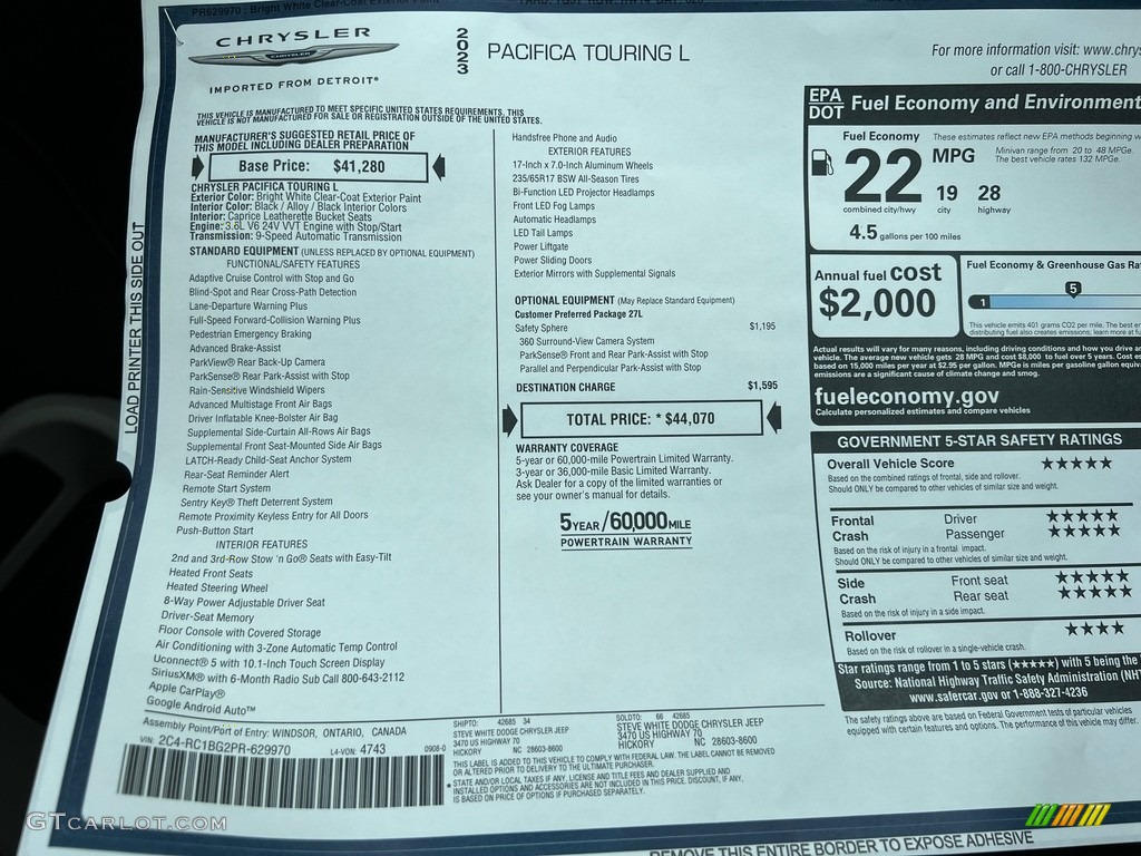 2023 Chrysler Pacifica Touring L Window Sticker Photo #146583798