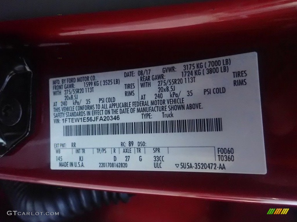 2018 F150 Color Code RR for Ruby Red Photo #146585817