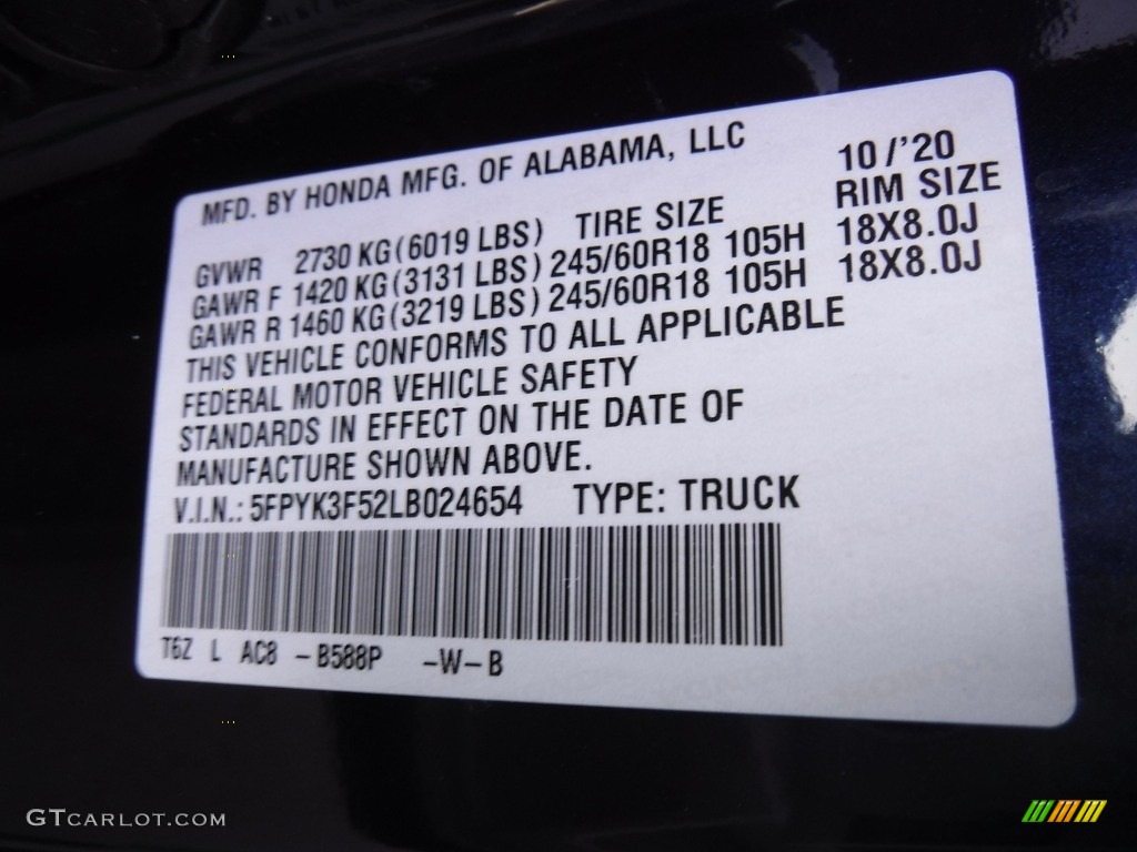 2020 Ridgeline RTL AWD - Obsidian Blue Pearl / Gray photo #33