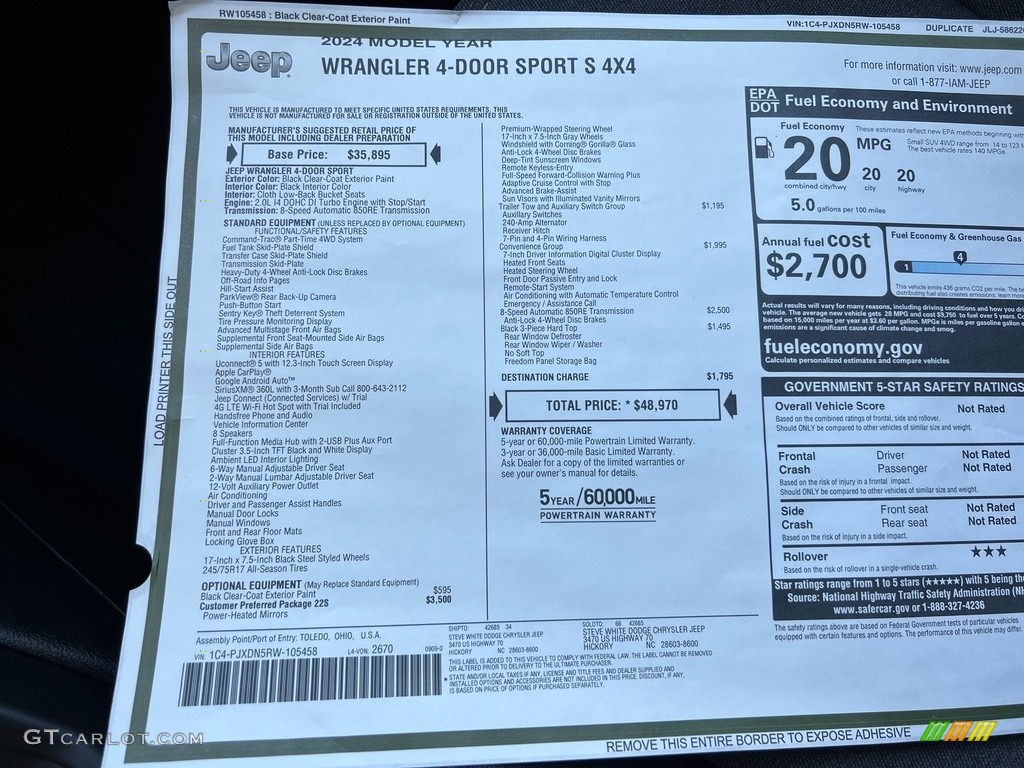 2024 Jeep Wrangler 4-Door Sport S 4xe Hybrid Window Sticker Photo #146588155