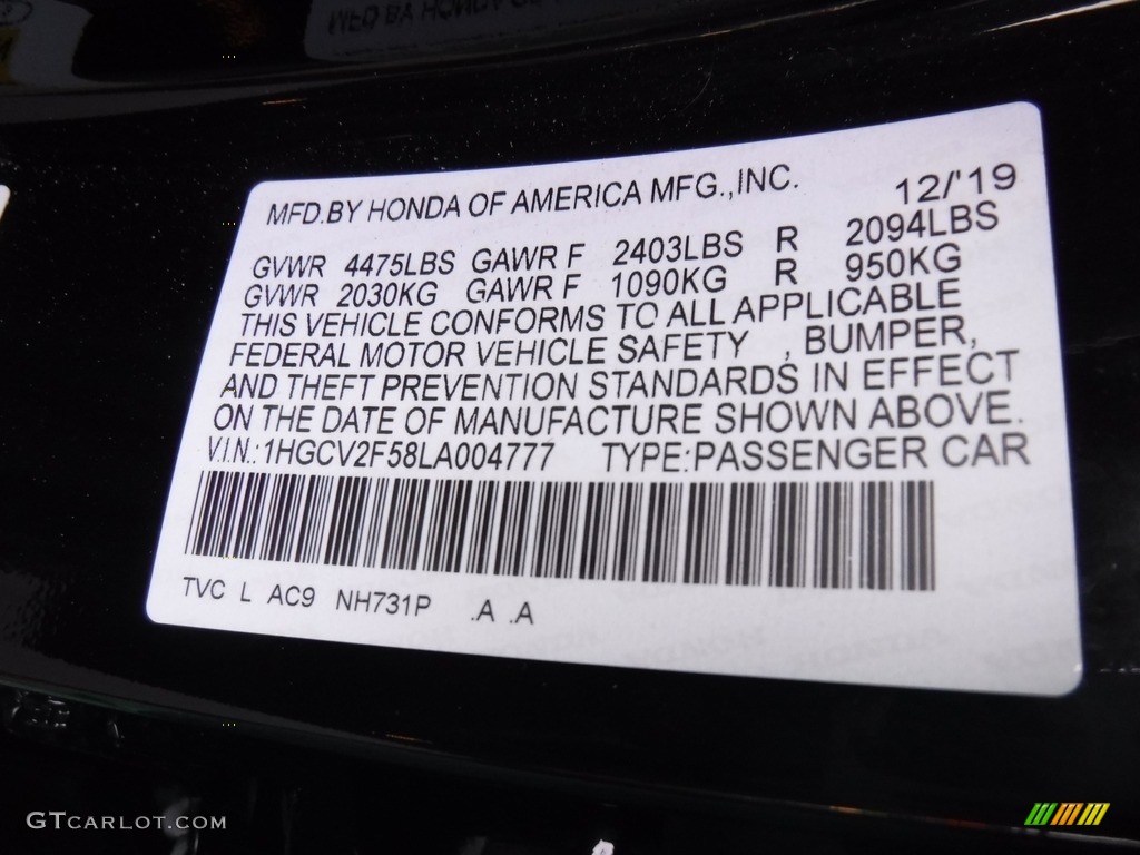 2020 Accord Color Code NH731P for Crystal Black Pearl Photo #146589510