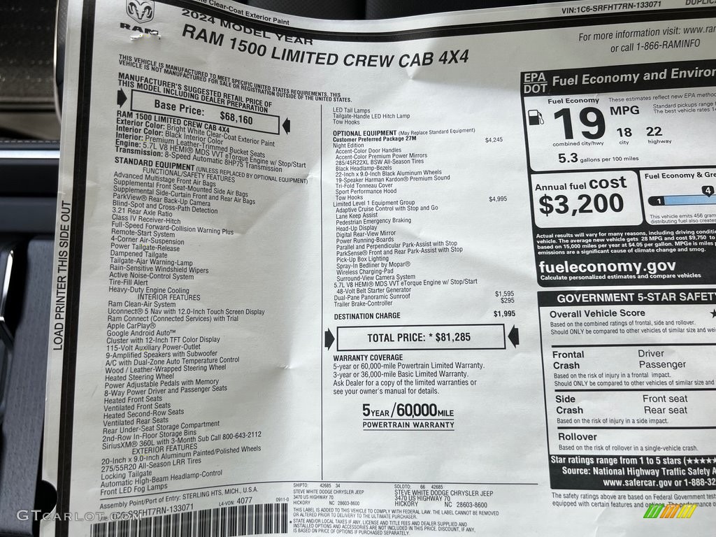 2024 Ram 1500 Limited Night Edition Crew Cab 4x4 Window Sticker Photo #146593823