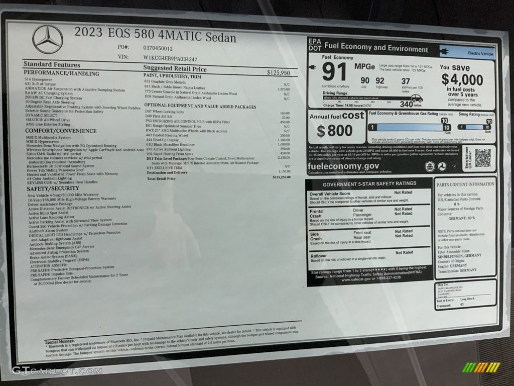2023 Mercedes-Benz EQS 580 4Matic Sedan Window Sticker Photo #146594245