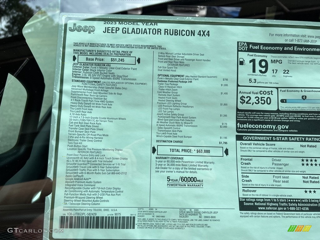 2023 Jeep Gladiator Rubicon 4x4 Window Sticker Photo #146594566