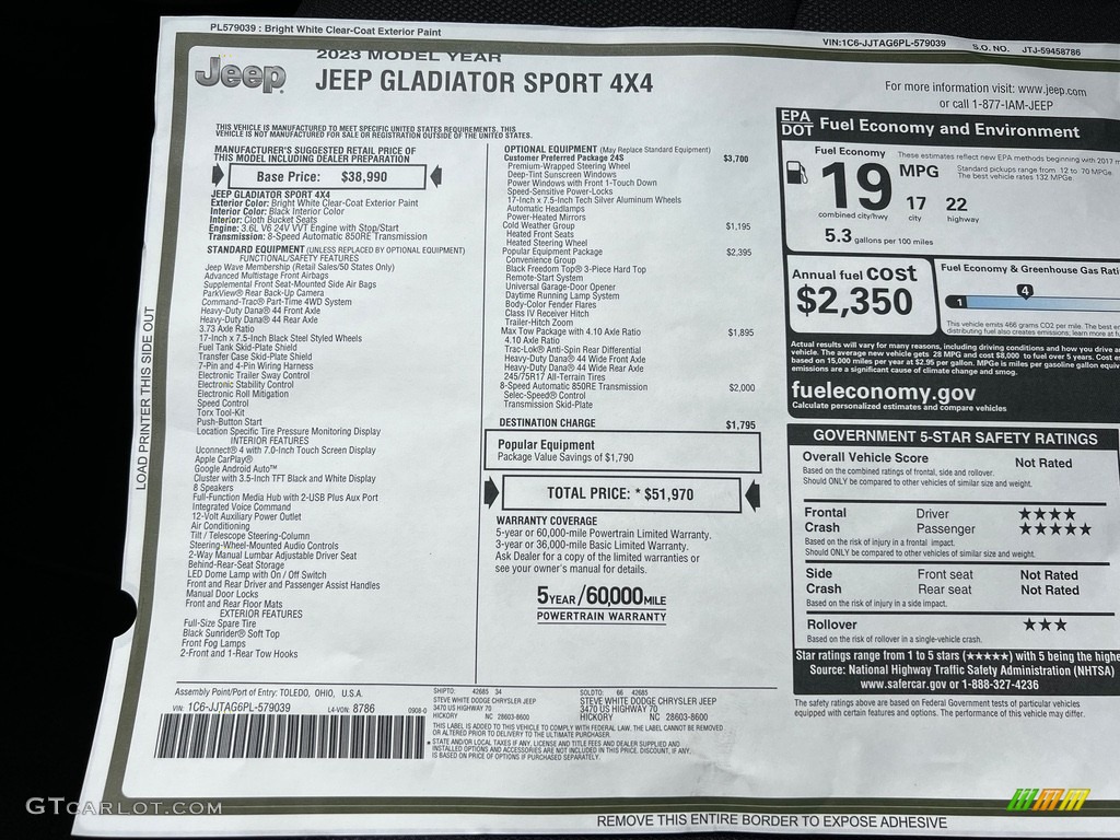 2023 Jeep Gladiator Sport 4x4 Window Sticker Photo #146598340