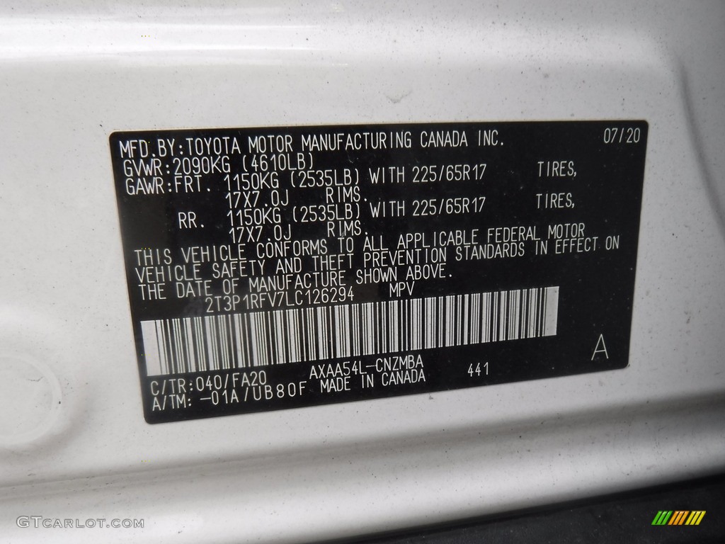 2020 Toyota RAV4 XLE AWD Color Code Photos