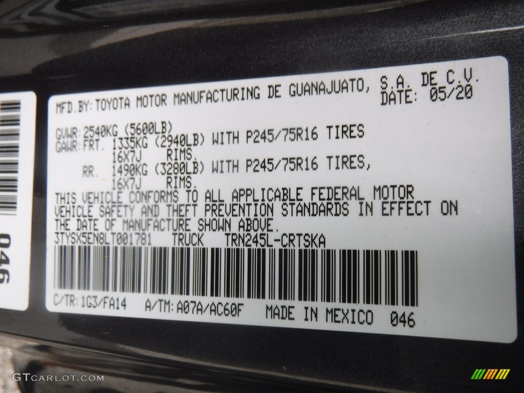 2020 Toyota Tacoma SR Access Cab 4x4 Color Code Photos