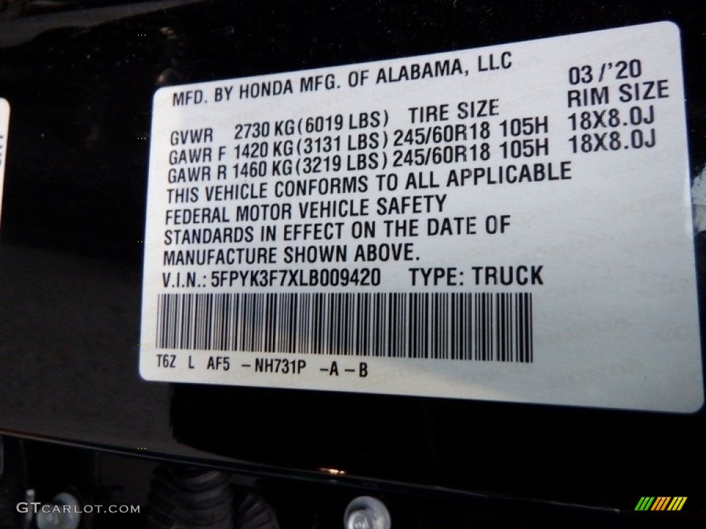 2020 Ridgeline Color Code NH731P for Crystal Black Pearl Photo #146619238