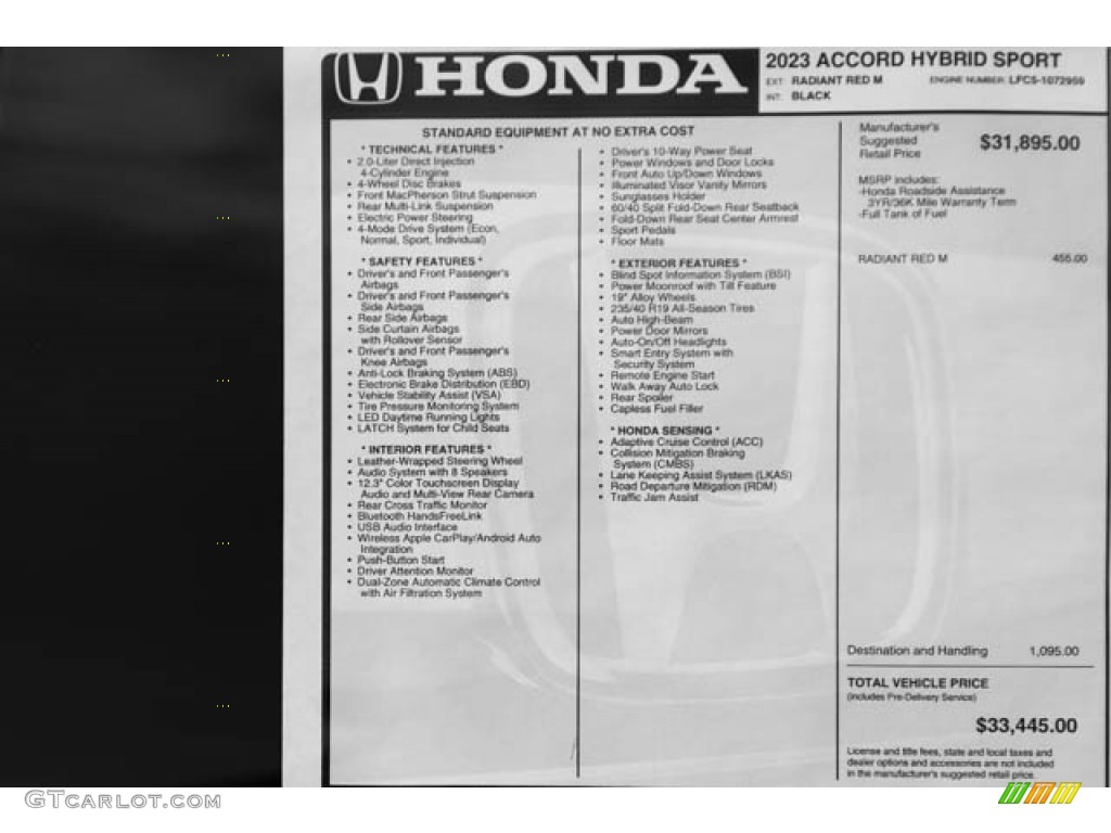 2023 Honda Accord Sport Hybrid Window Sticker Photo #146620480