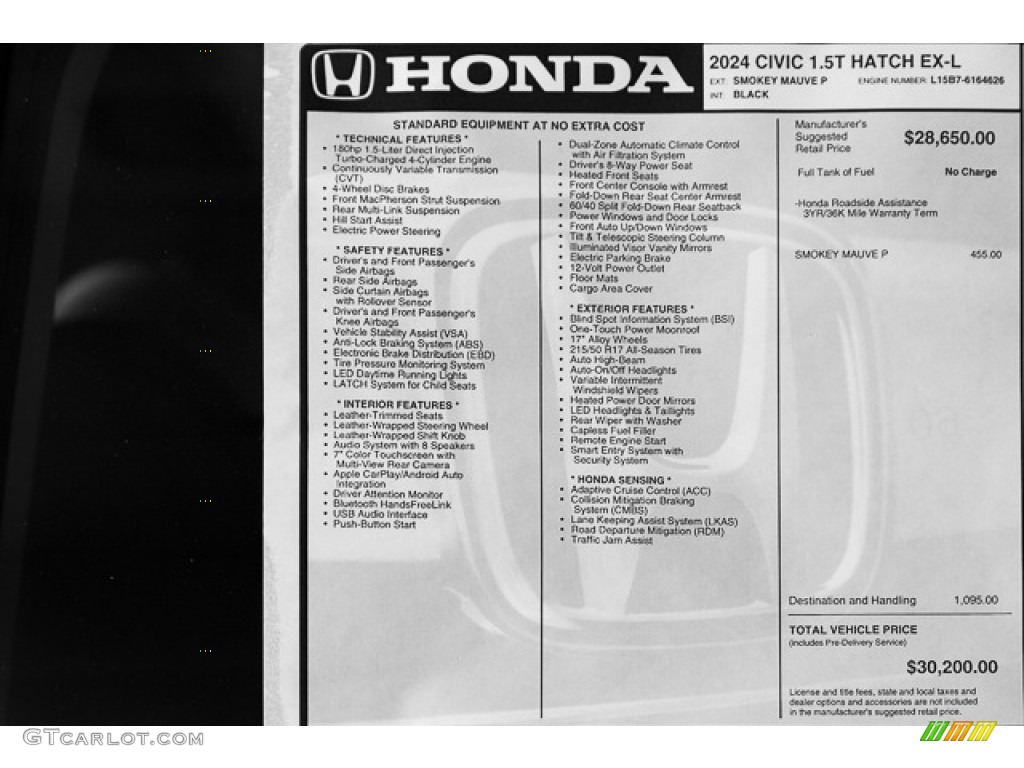 2024 Honda Civic EX-L Hatchback Window Sticker Photo #146620981