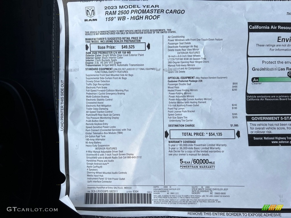 2023 ProMaster 3500 High Roof Cargo Van - Bright White / Black photo #25