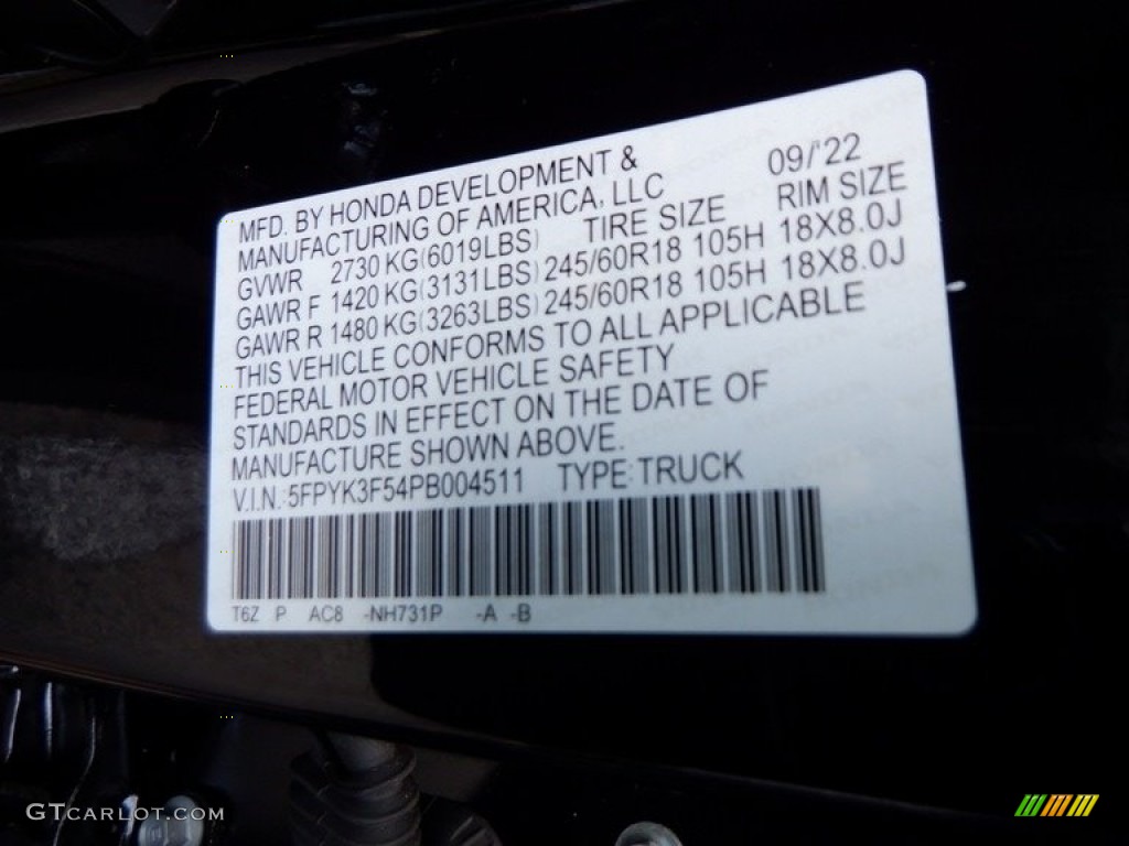 2023 Honda Ridgeline RTL AWD Color Code Photos